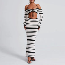 Load image into Gallery viewer, hirigin Knit Stripe Women 2 Piece Set Halter Slash Neck Lace Up Long Sleeve Tops and Maxi Skirts Sexy Mujer Club Midnight Suit
