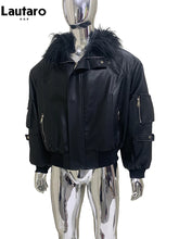 Load image into Gallery viewer, Mauroicardi Autumn Winter Short Oversized Black Warm Pu Leather Jacket Men with Faux Fur Trim Hood Loose Casual Korean Fashion
