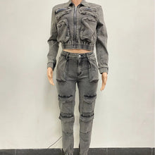 Cargar imagen en el visor de la galería, Conjunto de pantalón y chándal de manga larga para mujer, con cremallera, abrigo vaquero, pantalones cargo hasta el tobillo, bolsillos, corte ajustado, 2024
