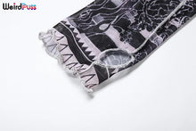 Load image into Gallery viewer, Weird Puss Aesthetic Print Sexy Women 2 Piece Set See Through Spring Turtleneck Crop Tops+Pants Stripe Stretch Thin Clubwear
