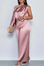 Load image into Gallery viewer, Women Satin Two Piece Set One Shoulder Asymmetrical Single Flared Sleeve Blouse Straight Wide Leg Pants Elegant Matching Set

