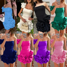 Load image into Gallery viewer, Women Mini Dress Sexy Strapless Sleeveless Ruffles Dresses High Waist One Shoulder Elegant White Temperament Bodycon Vestidos
