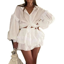 Load image into Gallery viewer, Shorts Pant Set Women Two Piece  Turn Down Collar Full Sleeve Solid Tops Wide Leg  Short Set
