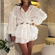 Load image into Gallery viewer, Shorts Pant Set Women Two Piece  Turn Down Collar Full Sleeve Solid Tops Wide Leg  Short Set
