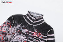 Load image into Gallery viewer, Weird Puss Aesthetic Print Sexy Women 2 Piece Set See Through Spring Turtleneck Crop Tops+Pants Stripe Stretch Thin Clubwear
