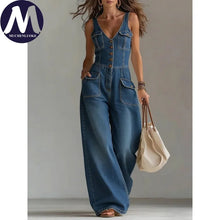 Load image into Gallery viewer, Elegant Women's Sleeveless V-Neck Jumpsuit Summer New Tight Waist Wide-Leg Overalls Fashionable Casual Romper
