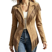 Load image into Gallery viewer, Women Faux Suede Fringe Slim Fit Turn Down Collar Long Sleeve Jacket
