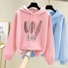 Load image into Gallery viewer, Women Fashion Feather Printed Hoodies Autumn Winter Plus Velvet Casual Loose Sweatshirt
