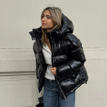 Load image into Gallery viewer, Fashion Shiny Solid Hooded Quilted Jacket Women Stand Collar Long Sleeve Zipper Pocket Street Warm Coat 2026 Winter Lady Outwear
