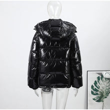 Load image into Gallery viewer, Fashion Shiny Solid Hooded Quilted Jacket Women Stand Collar Long Sleeve Zipper Pocket Street Warm Coat 2026 Winter Lady Outwear
