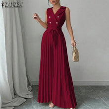 Load image into Gallery viewer, Fashion Women Jumpsuits 2026 ZANZEA Summer Rompers Elegant Wide Leg Work OL Overalls V Neck Sleeveless Pleated Playsuit Trousers
