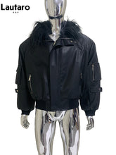 Load image into Gallery viewer, Mauroicardi Autumn Winter Short Oversized Black Warm Pu Leather Jacket Men with Faux Fur Trim Hood Loose Casual Korean Fashion
