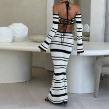 Load image into Gallery viewer, hirigin Knit Stripe Women 2 Piece Set Halter Slash Neck Lace Up Long Sleeve Tops and Maxi Skirts Sexy Mujer Club Midnight Suit
