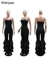 Load image into Gallery viewer, New One Pieces Jumpsuits Women Black Strapless Sleeveless Sexy Rompers Slim Fit Long Ruffles Flare Pant Night Club Even Overalls
