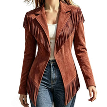 Load image into Gallery viewer, Women Faux Suede Fringe Slim Fit Turn Down Collar Long Sleeve Jacket
