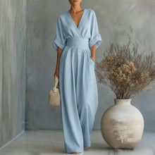 Load image into Gallery viewer, Women's Jumpsuit Fashion High Waist V-neck Casual Jumpsuits Sexy Solid Color Office Wide Leg Trousers Overalls Vacation Outfit

