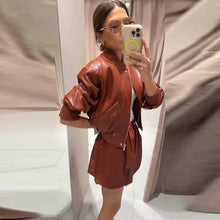 Load image into Gallery viewer, Street Women's Cropped Leather Jacket Skirt Set Stand Collar Zipper Coats Pleated Mini Skirts 2026 Spring Lady Fashion Suit
