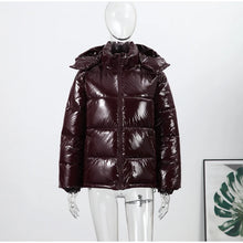 Load image into Gallery viewer, Fashion Shiny Solid Hooded Quilted Jacket Women Stand Collar Long Sleeve Zipper Pocket Street Warm Coat 2026 Winter Lady Outwear
