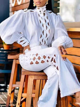 Load image into Gallery viewer, Plus Size Women's Elegant Two-Piece Set Ruffle Shirt White Long Sleeve Solid Blouse And Straight Side Hollow Out Long Pant Sets
