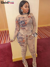Load image into Gallery viewer, Weird Puss Aesthetic Print Sexy Women 2 Piece Set See Through Spring Turtleneck Crop Tops+Pants Stripe Stretch Thin Clubwear

