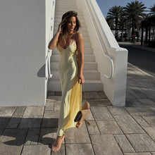 Cargar imagen en el visor de la galería, Sexy Yellow Satin Backless Maxi Dress
