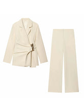Load image into Gallery viewer, Women Suit Pants Two-Piece Set Buckle Decoration Long Sleeve Blazer Coat + Straight-Leg Pants 2 Pieces Sets Chic Woman Outfits
