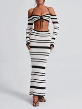 Load image into Gallery viewer, hirigin Knit Stripe Women 2 Piece Set Halter Slash Neck Lace Up Long Sleeve Tops and Maxi Skirts Sexy Mujer Club Midnight Suit
