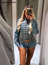 Load image into Gallery viewer, Y2K Style Denim Jacket Shorts Set Women's Stand Collar Button Long Sleeve Coats Low Waist Mini Short 2026 Summer New Lady Outfit
