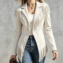 Load image into Gallery viewer, Women Faux Suede Fringe Slim Fit Turn Down Collar Long Sleeve Jacket
