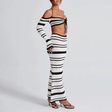 Load image into Gallery viewer, hirigin Knit Stripe Women 2 Piece Set Halter Slash Neck Lace Up Long Sleeve Tops and Maxi Skirts Sexy Mujer Club Midnight Suit
