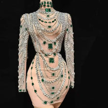 Load image into Gallery viewer, Luxurious Mini Dress Women Transparent Rhinestones Bodycon Singer Bar Club Shiny Short Dress Celebrity Party Evening Stage Costu
