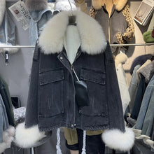 画像をギャラリービューアに読み込む, Fox Fur Denim Fleece-Lined and Batwing Sleeve Cotton Coat
