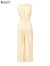 Load image into Gallery viewer, Fashion Women Jumpsuits 2026 ZANZEA Summer Rompers Elegant Wide Leg Work OL Overalls V Neck Sleeveless Pleated Playsuit Trousers
