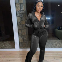 Load image into Gallery viewer, Gold Velvet Pocket Hoodie Zipper Sweater Wide Leg Pants Two-piece
