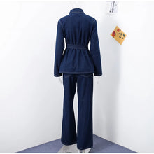Load image into Gallery viewer, Casual Denim Jacket Pants Set Women Lace Up Lapel Pocket Single Breasted Coat Straight Jeans 2025 Spring High Street Outfit Lady

