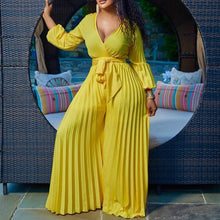 Load image into Gallery viewer, Elegant Pleated Jumpsuits &amp; Rompers Full Sleeve V Neck High Waisted Fashion Ladies Birthday Party Dinner Outfits Overalls Cloth
