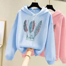 Load image into Gallery viewer, Women Fashion Feather Printed Hoodies Autumn Winter Plus Velvet Casual Loose Sweatshirt
