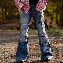 Cargar imagen en el visor de la galería, Pantalones vaqueros acampanados estilo americano con parches elásticos vintage para hombre, ropa de calle con botones y bolsillos empalmados, pantalones vaqueros casuales de uso diario para jóvenes, talla 23
