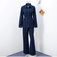 Load image into Gallery viewer, Casual Denim Jacket Pants Set Women Lace Up Lapel Pocket Single Breasted Coat Straight Jeans 2025 Spring High Street Outfit Lady
