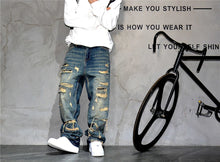 Load image into Gallery viewer, Mens Ripped Baggy Distressed Denim Straight Leg Patchwork Oversized  Jeans
