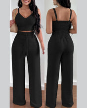 Cargar imagen en el visor de la galería, 2 Piece  V-Neck Strap Shirred Slim Crop Top &amp; Lace-up Wide Leg Pants Sets
