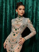 Load image into Gallery viewer, Luxurious Mini Dress Women Transparent Rhinestones Bodycon Singer Bar Club Shiny Short Dress Celebrity Party Evening Stage Costu
