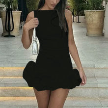 Load image into Gallery viewer, Sexy Women Mini Dress Green Bule Pink Black White O Neck Ruffle Design Sexy Bodycon Dress Women Sleeveless Party Dress
