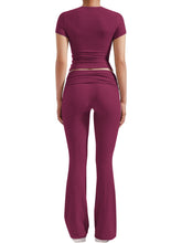 Lade das Bild in den Galerie-Viewer, Casual Workout  Short Sleeve Crop High Waist Foldover Flare Pants Sets
