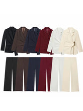 Load image into Gallery viewer, Women Suit Pants Two-Piece Set Buckle Decoration Long Sleeve Blazer Coat + Straight-Leg Pants 2 Pieces Sets Chic Woman Outfits
