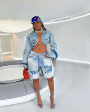 Lade das Bild in den Galerie-Viewer, Shorts Pant Set Women Two Piece Sets Denim Turn Down Collar Matching Sets Tops Knee Length Pants High Waist Y2k Streetwear
