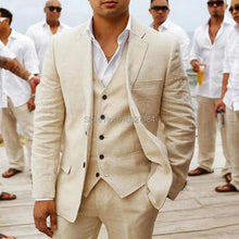 Load image into Gallery viewer, Notched Lapel Custom Casual 3 piece Beige Linen Suit
