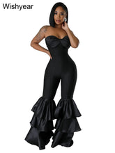Load image into Gallery viewer, New One Pieces Jumpsuits Women Black Strapless Sleeveless Sexy Rompers Slim Fit Long Ruffles Flare Pant Night Club Even Overalls
