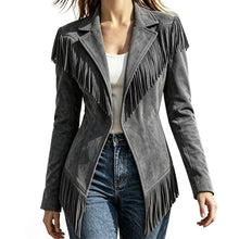 Load image into Gallery viewer, Women Faux Suede Fringe Slim Fit Turn Down Collar Long Sleeve Jacket
