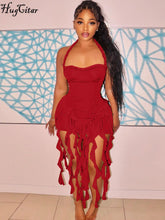 画像をギャラリービューアに読み込む, Hugcitar Elegant Halter Solid Ruffles Backless Taseel  Mini Dress
